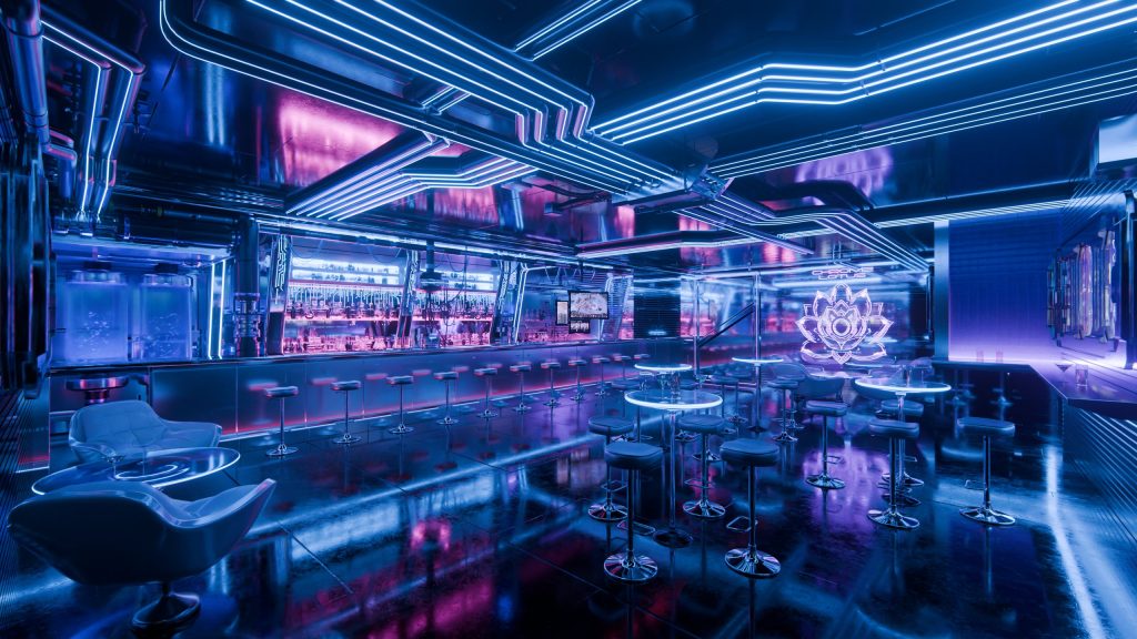 Final concept: coloured lighting, reflections and surface finish give the same space its atmosphere.