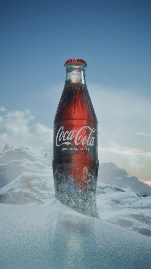 A chilled cola bottle CGI study with frost and condensation on the surface.