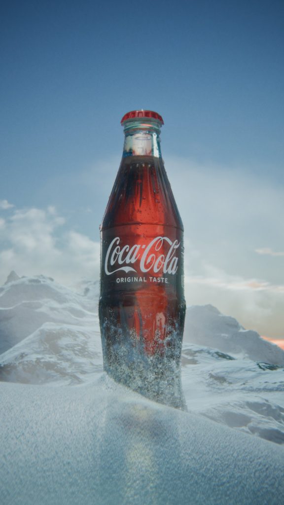 A chilled cola bottle CGI study with frost and condensation on the surface.